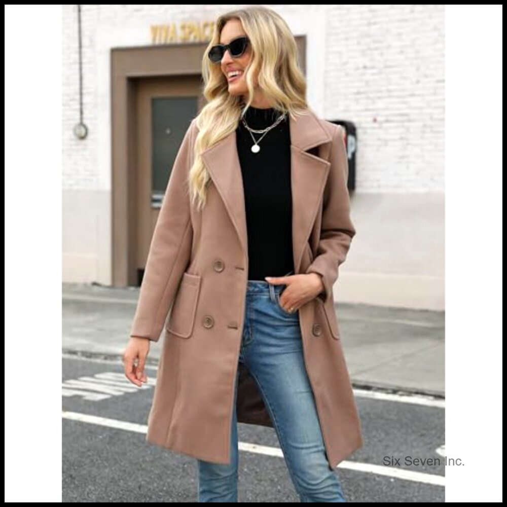Winter Wool Blend Pea Coat Double-Breasted Notch Lapel Long Sleeve - Picture 5 of 7